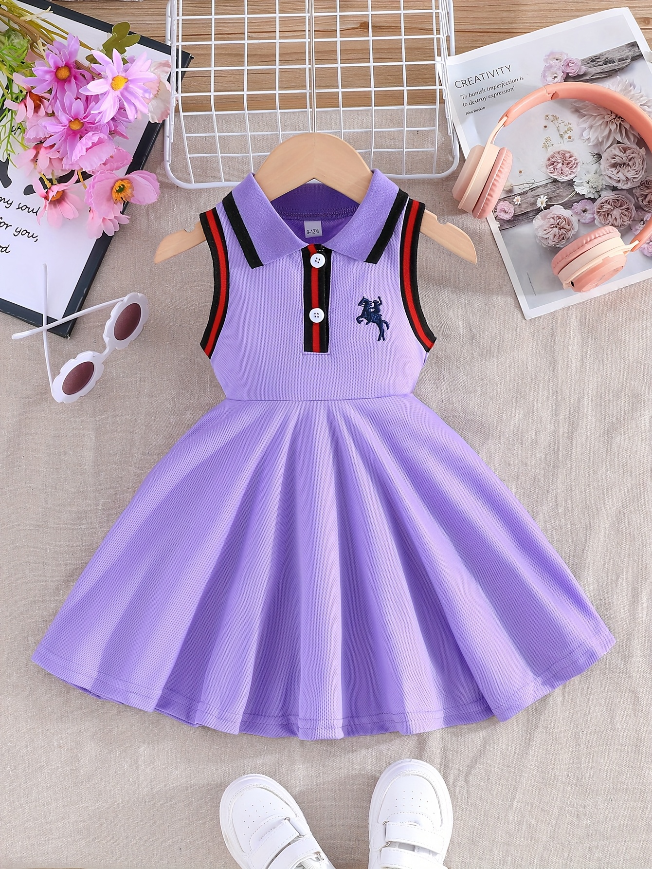 Toddler Sleeveless A-Line Dress - Vibrant Green with Black & White Striped Design, Button-Up Collar, Perfect for Summer Outdoor Activities, Youngsters' Fashion, Casual Wear|Sporty Style|Strapless Design, Youngsters Dress
