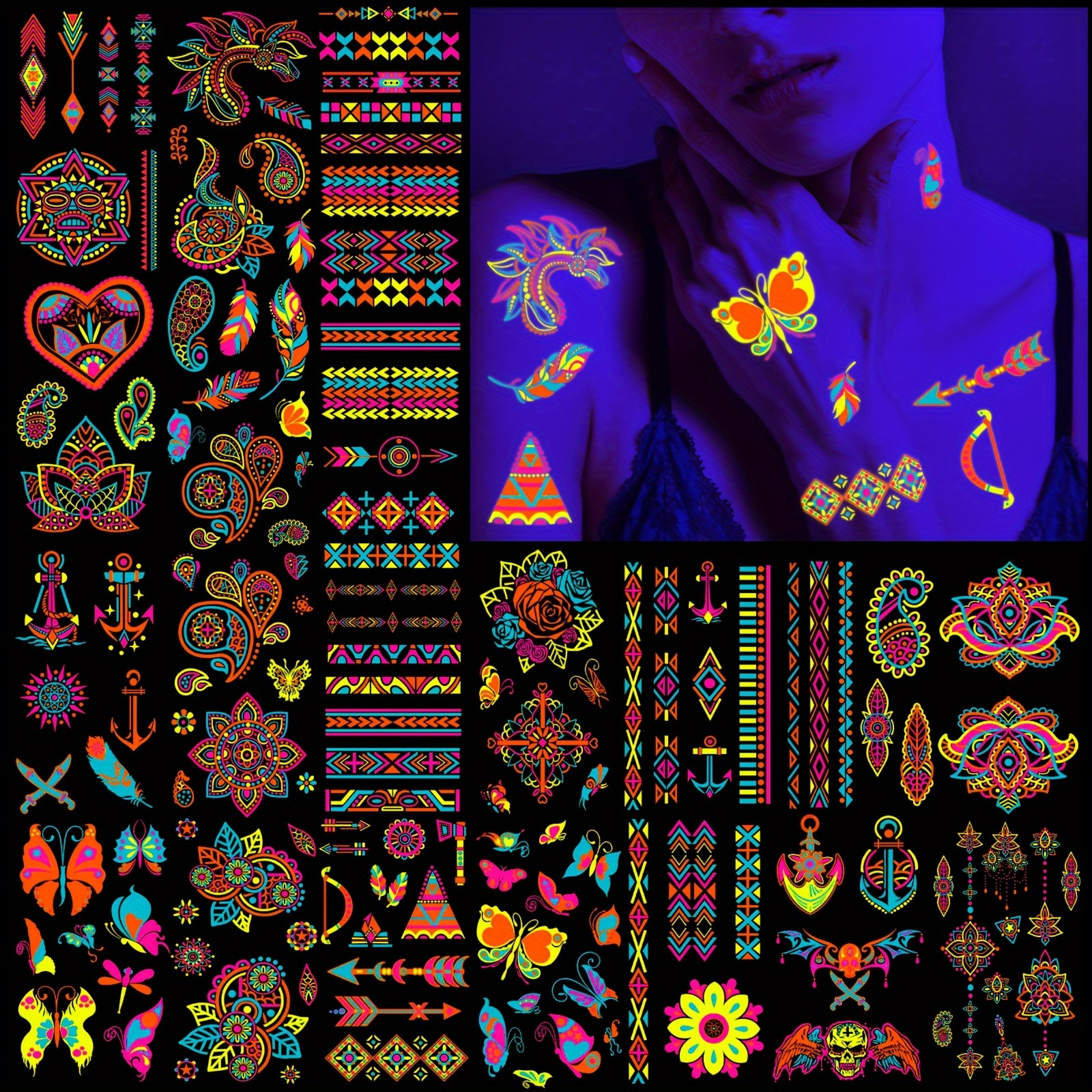 Image of 32 -the-dark Tattoo Stickers, Waterproof Temporary Tattoos Featuring Floral , Suitable For Men And Women For Party Makeup That In The Dark