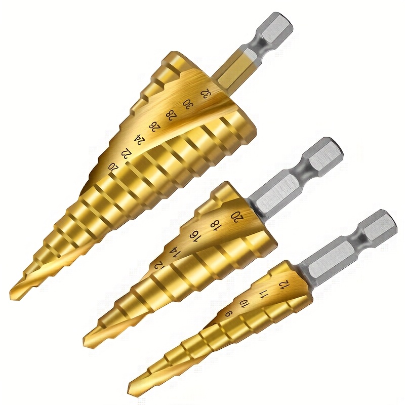 

3pcs Titanium Coated Steel Step Drill Set - Suitable For Wood And Metal, Enhances Drilling Power