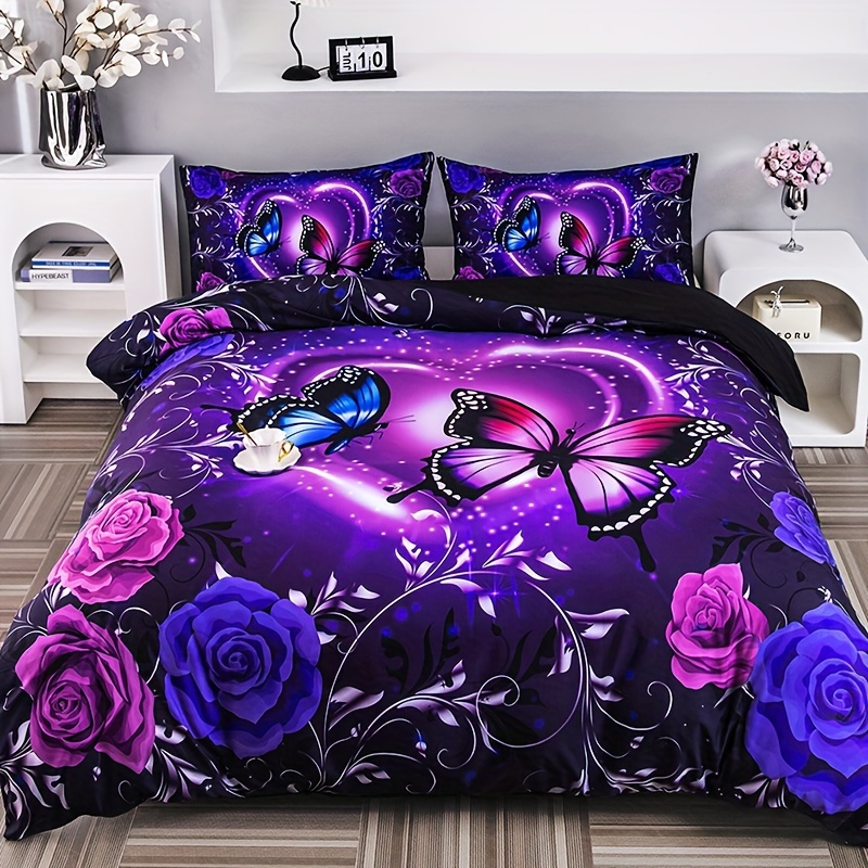 3pcs Purple Floral Duvet Cover Set, 1 Duvet Cover + 2 Pillowcases (no Pillow Inserts), Soft Breathable For Bedroom & Dorm