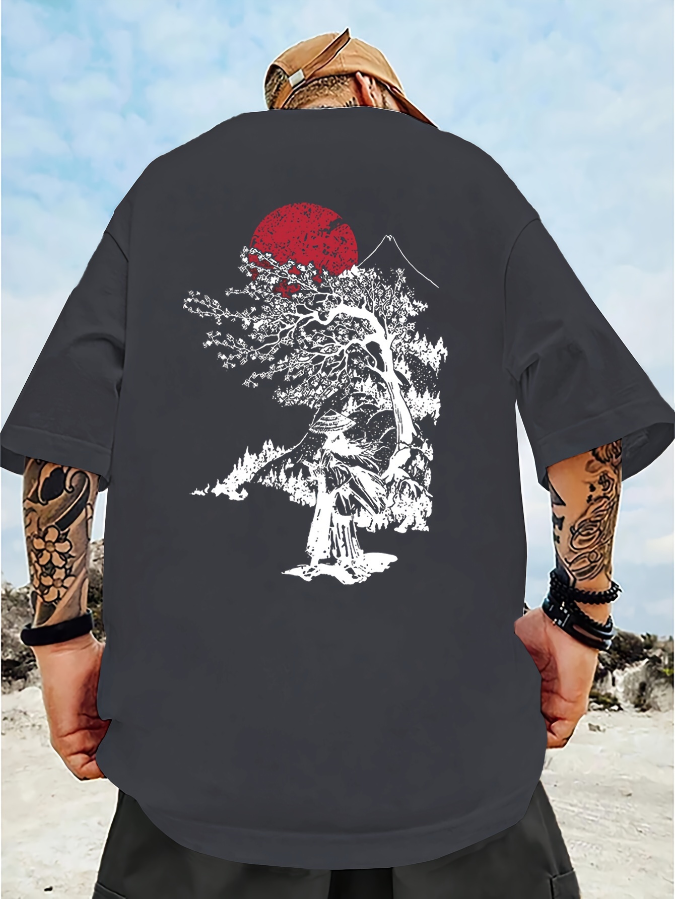 Men's Casual Short Sleeve T-Shirt with Japanese-Inspired Cherry Blossom & Mountain Print - Breathable Regular Fit Round Neck Tee for Summer Outdoor Activities, Machine Washable, PLUS SIZE