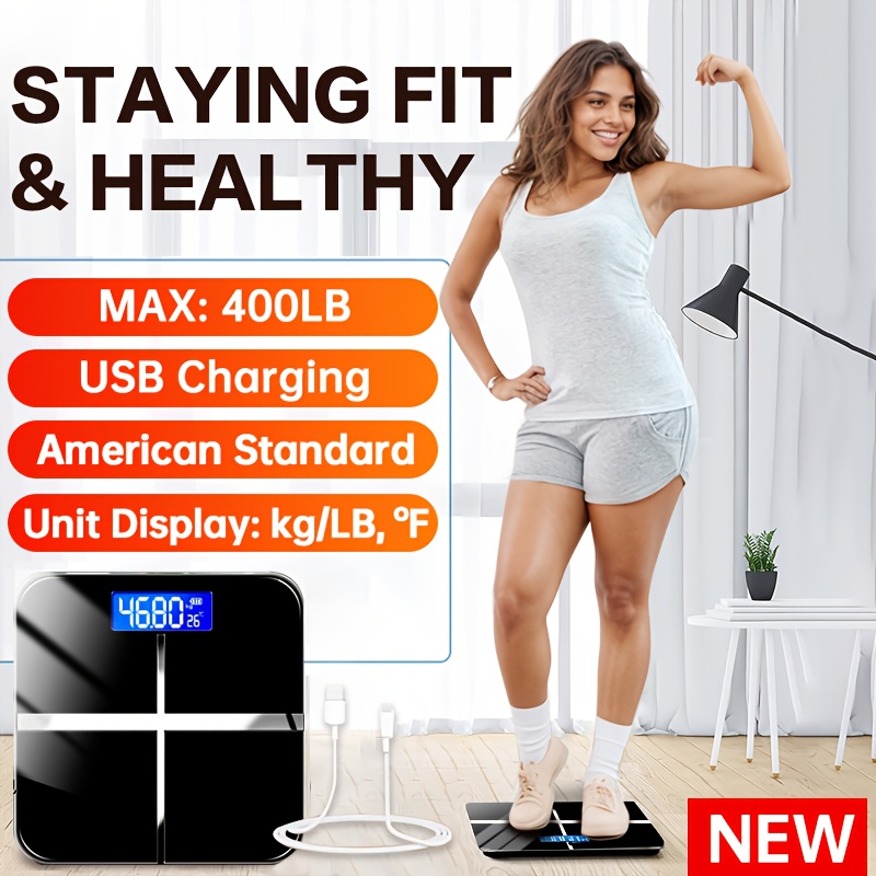 Ultra Wide Digital Bathroom Scale – 400 lbs Capacity USB Rechargeable Electronic Weight Scale with Backlit HD LCD Display, Temperature Display & kg/lb Conversion for Home & Dorm — Zaynora Luxury Marketplace