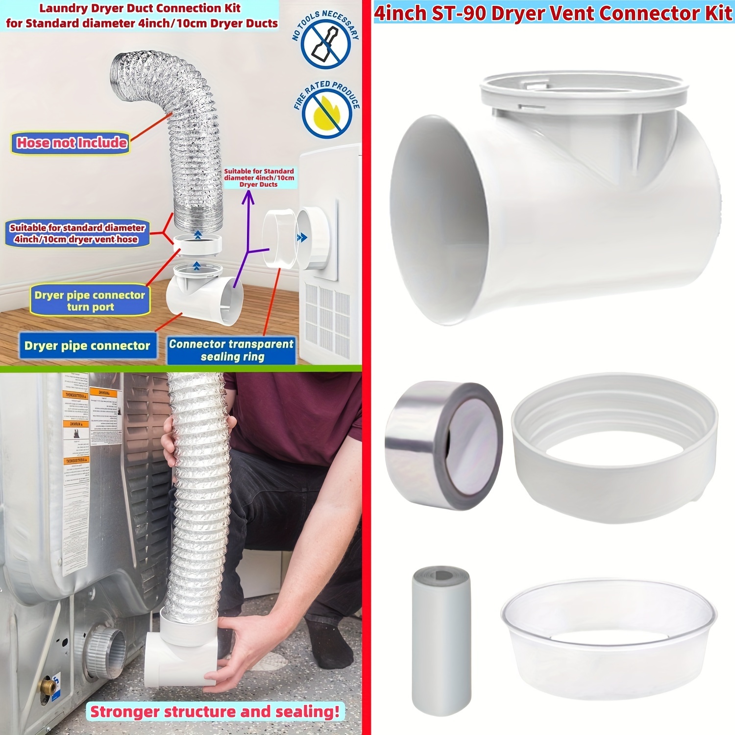 

- Dryer Vent Connection Kit Stv-90 - No-power-required, Includes Mounting And Sealing - Plastic For Ducts