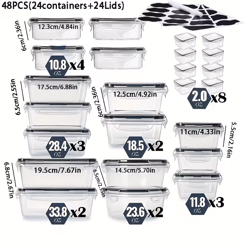 12 24 48pcs food storage containers set kitchen organizers meal prep container airtight bpa free reusable snack lunch containers lids plastic 6 12 24 containers 6 12 24 lids pantry kitchen organization with labels and marker 1