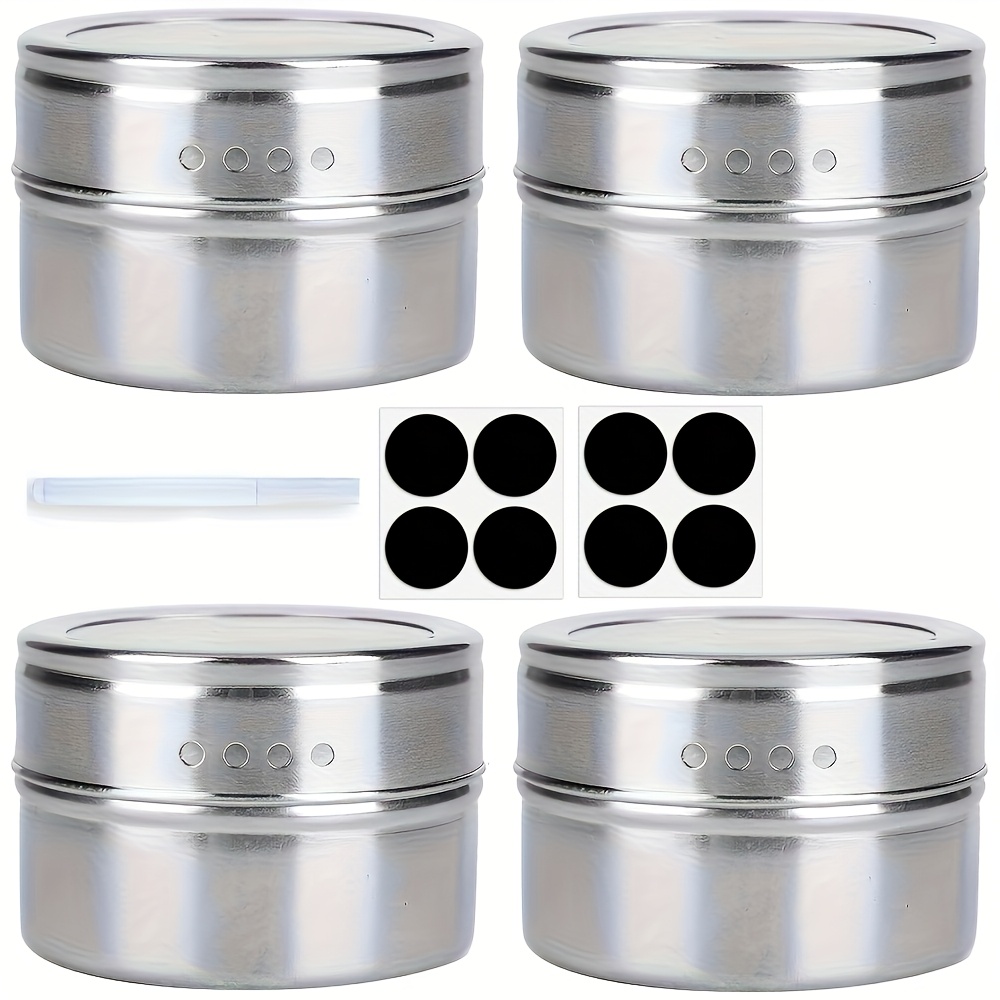 Image of 4pcs Stainless Steel Magnetic Spice Tins With Labels & Pen – Easy-clean, Spice Containers For Kitchen Organization, Holiday Theme