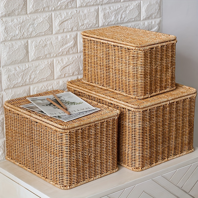 

1pc European Style Woven Plastic Storage Baskets With Lids, Bedroom Organizer, Clothing, Food Storage Containers For Wardrobe