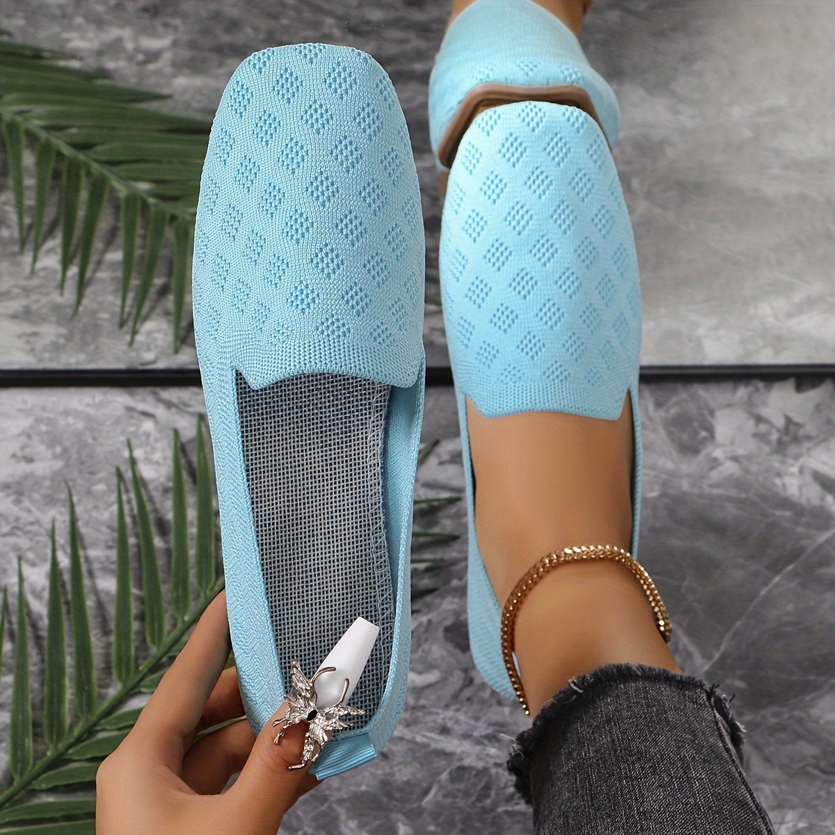 

Women's Knitted Flat Shoes, Solid Color Square Toe Shoes, Comfy Breathable Slip On Flats