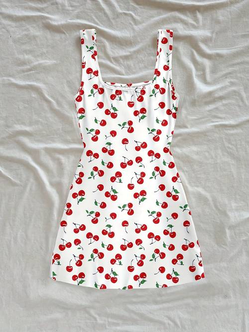 rochie de damă pentru primăvară/vară, stil de vacanță, cu decolteu în u, imprimeu cu cireșe, spatele gol, cu fantă laterală și evazată pe șolduri