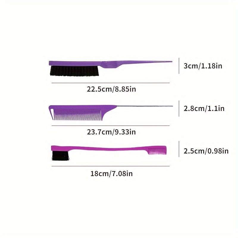 a set of 3 for edge brushes and combs designed for controlling for edges of wigs and hair featuring a double sided hairline brush and a smoothing comb Product details 4