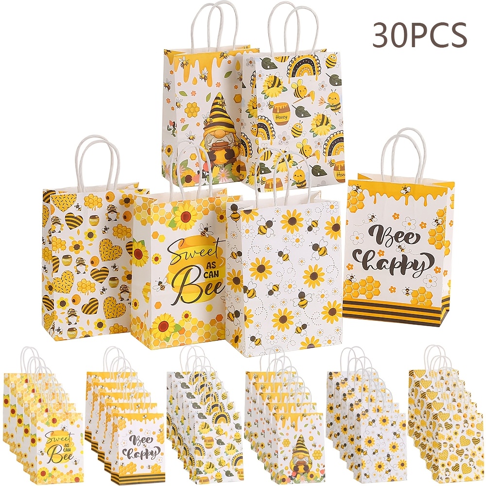 

30pcs & Daisy Themed Paper Gift Bags With " Can Honey" & "" Phrases - Patterned Tote Bags For Birthday, Party Favors, Candy & Cookies