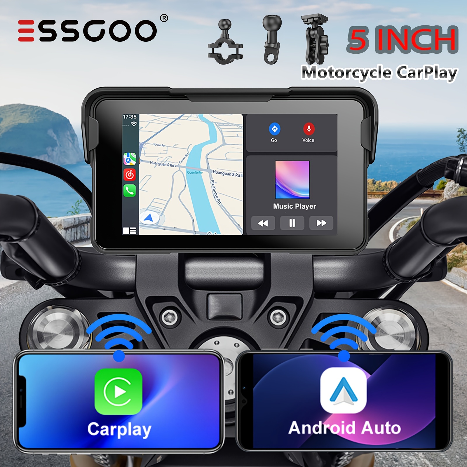 ESSGOO 5-palčni univerzalni pametni zaslon za motorje: Brezžični CarPlay & Auto, Glasovno upravljanje, Razdeljen zaslon, Samodejna svetlost,