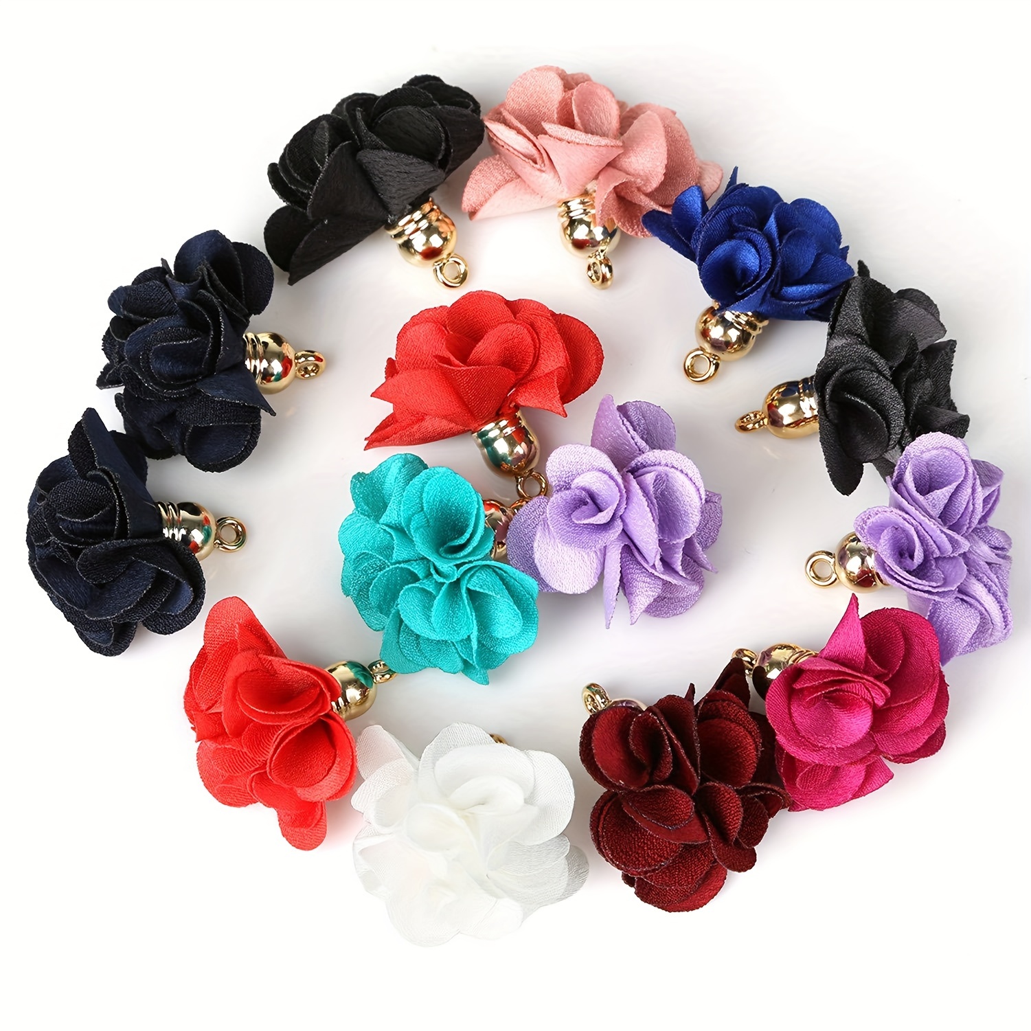 

10pcs Fabric Flower Tassel Charms With Golden Bell Caps For Diy Earrings, Keychains & Jewelry Crafts