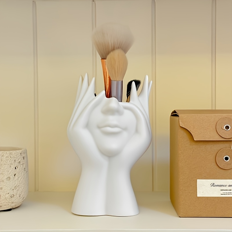 unique human head shaped makeup brush holder lightweight stylish plastic organizer for cosmetics and accessories   desk or bathroom decor 11 slots festive holiday gift idea bathroom organizer   durable plastic makeup organizer holder Product details 3