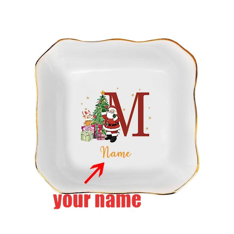 TEMU 1pc, Nom Personnalisé, , Motif Imprimé Père Noël/Arbre de Noël, Plateau à Bijoux en Céramique, Convient pour Chambre, Bureau, Coiffeuse,