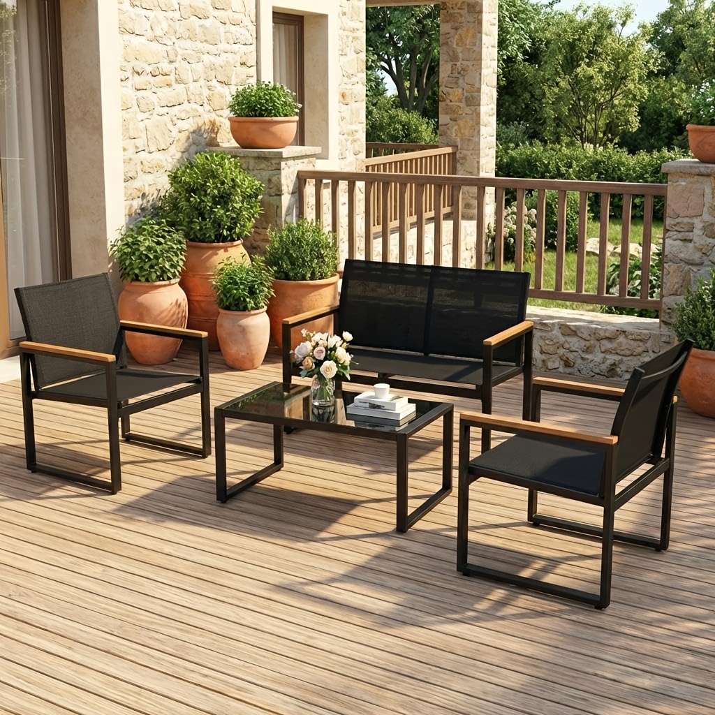 TEMU Juego de muebles de patio para exteriores de 4 piezas, juego de muebles de jardín con sofá , 2 sillones y , estructura de acero resistente a ,