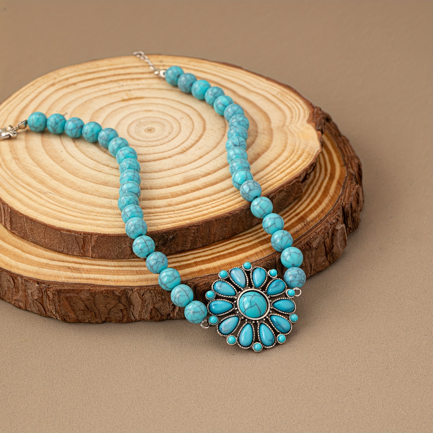 Boho Style Green Turquoise Flower Pendant Necklace