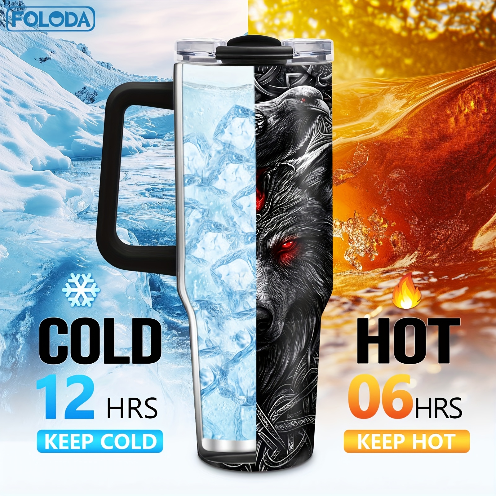 Gobelet Viking Wolf Foloda de 40 oz avec poignée et paille - Tasse de voyage isotherme en acier inoxydable, étanche, cadeau parfait pour les hommes, fête des pères, anniversaire, Noël, tasse de voiture pour l'extérieur, tasse de voyage pour café