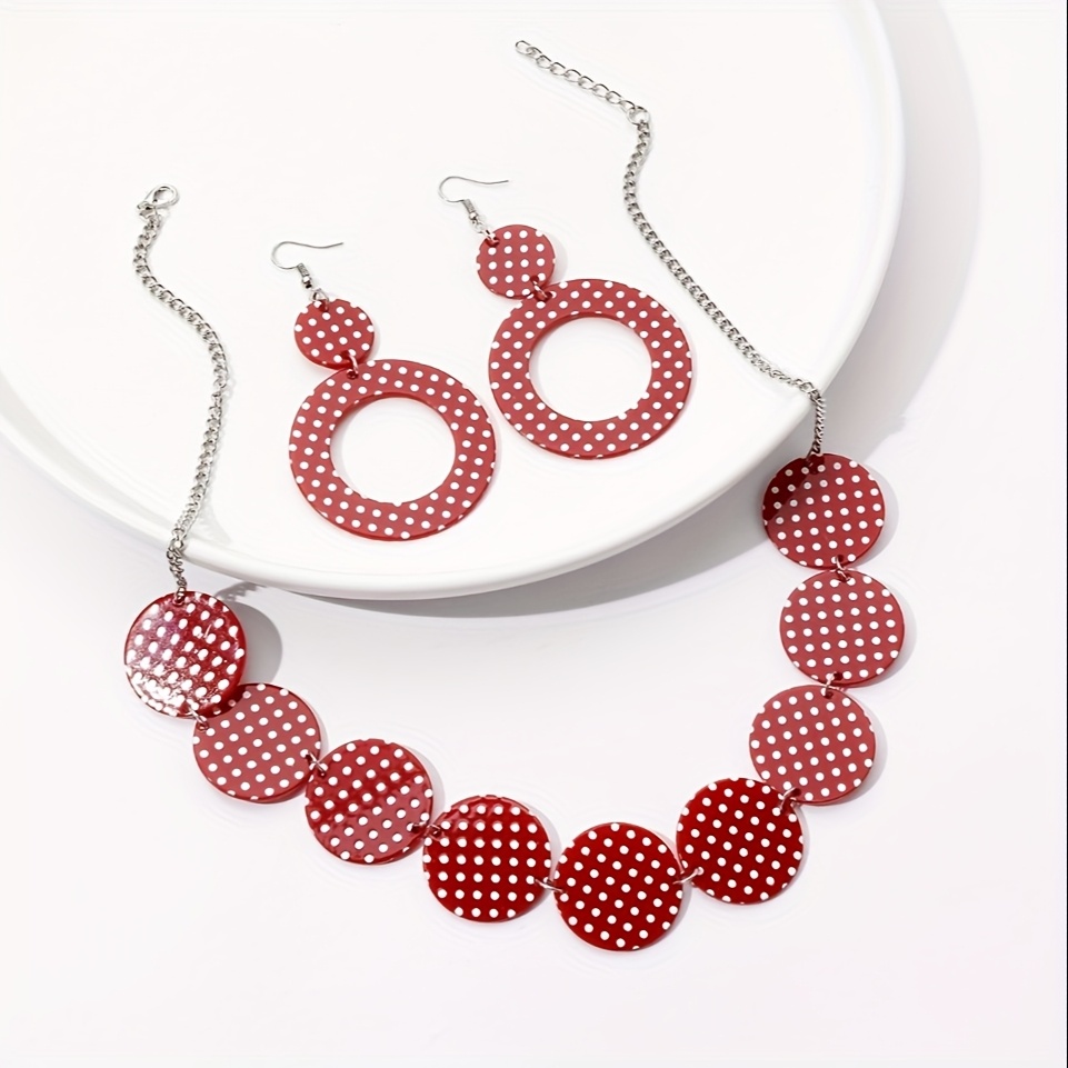 1 Pair Of Acrylic Earrings And 1 Necklace For Women, Black, White, Red, White Polka Dot Geometric Circle, Personalized Fashion Retro Earrings Necklace
