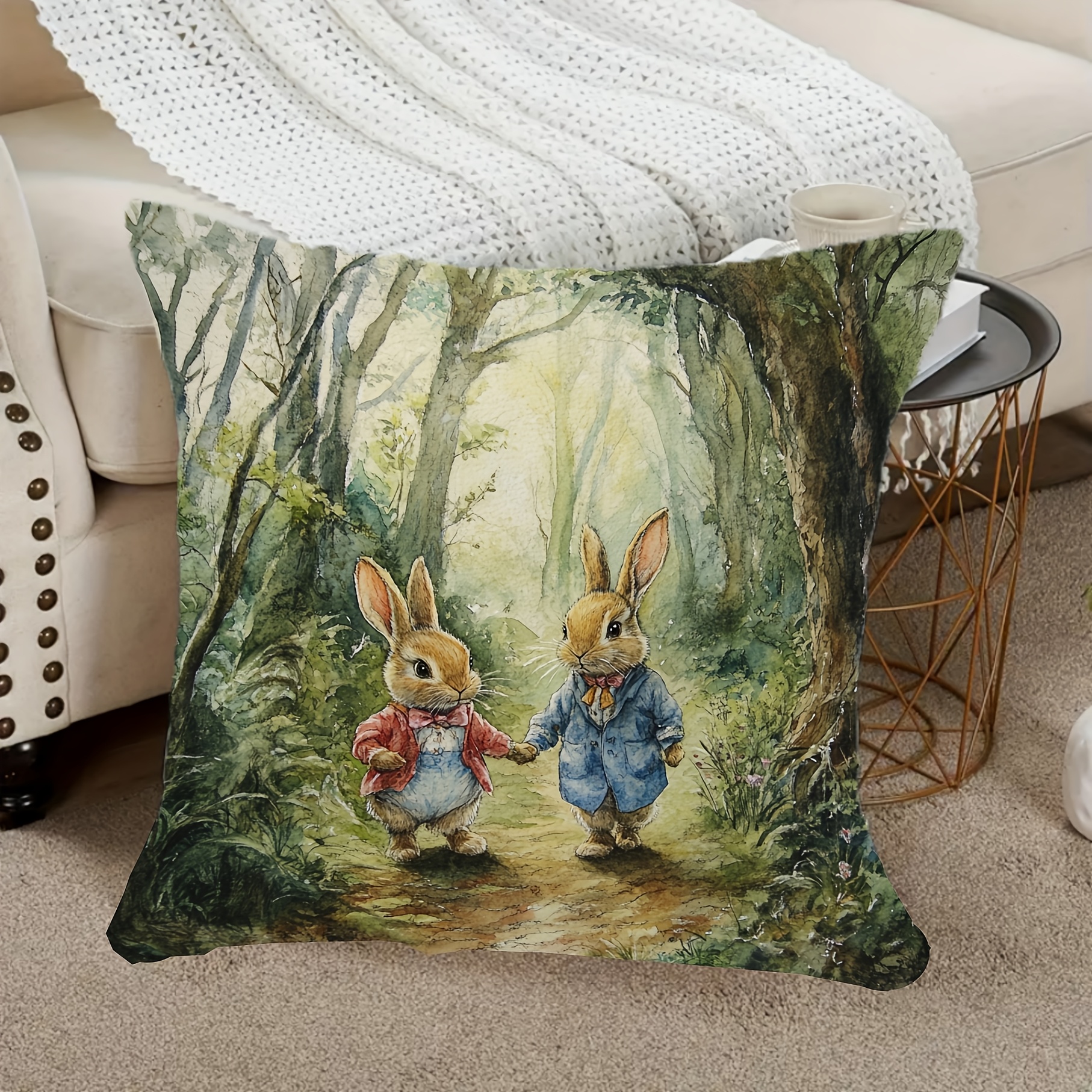 

1pc, & Bunny Forest Vintage Cushion Cover, 18x18 Inch Polyester Short Plush, Machine Washable, Zippered Decorative Throw Pillow Case For Home, Living Room, Sofa, Bedroom - Linqi0824