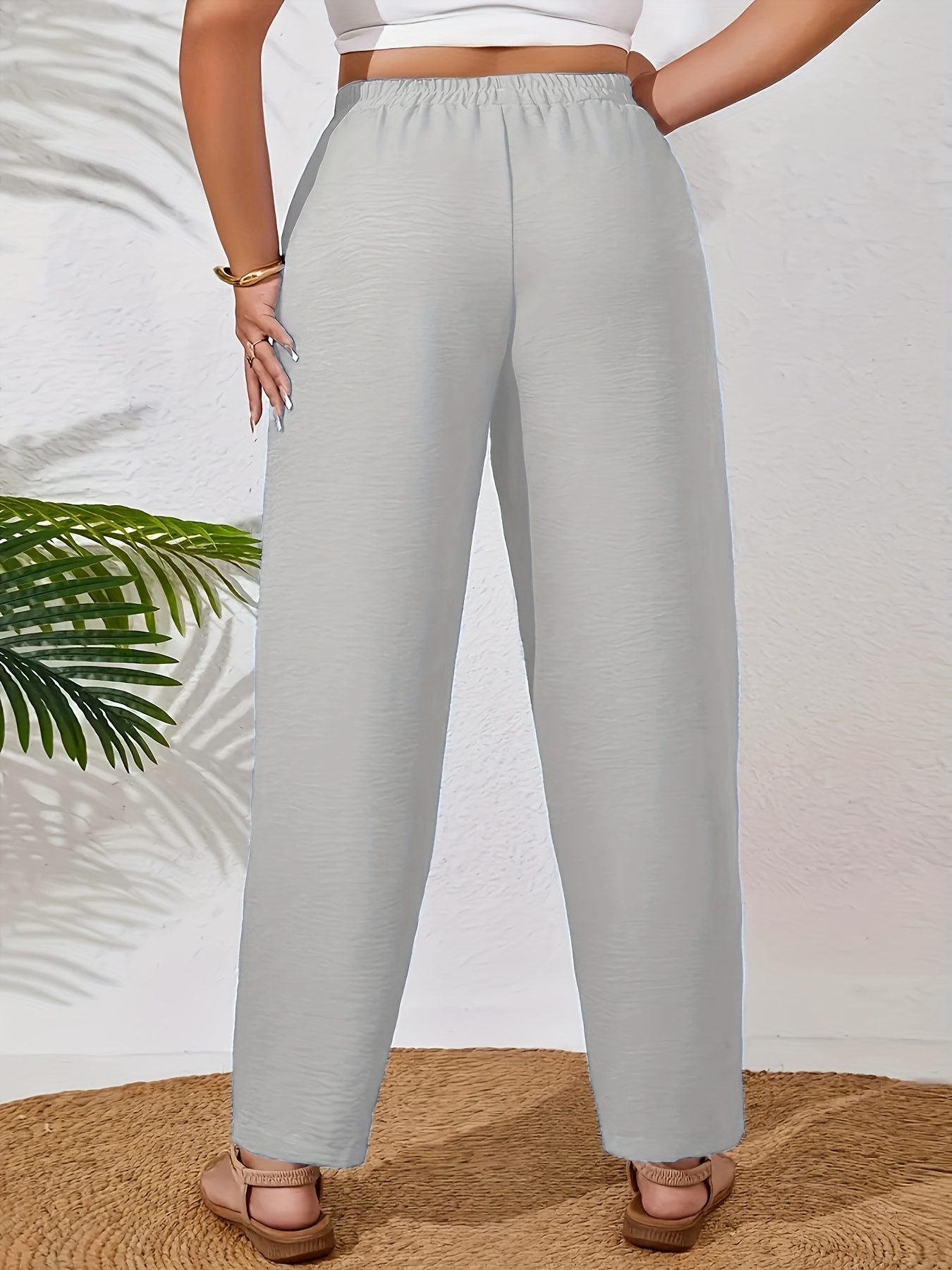 Plus Size - Women'S Plus Size Elegant Solid Color Wide-Leg Pants - Non-Stretch Fabric, All-Season Casual Trousers with Pockets, Brown, Comfortable Footwear, Stylish Accessory, Durable Fabric