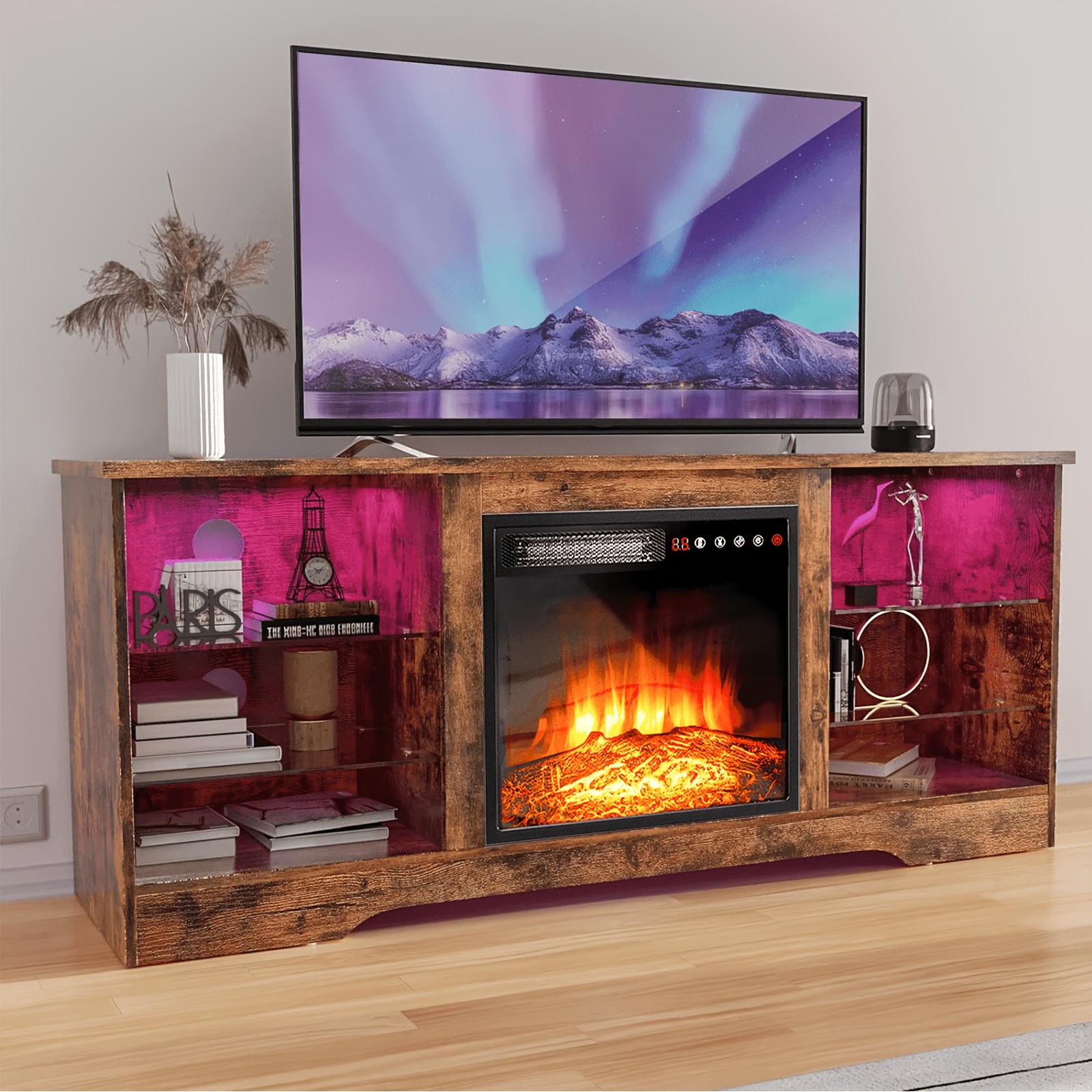 TEMU Modern Tv Stand With Electric Fireplace - Console, Adjustable Glass Shelves & Storage Cabinets, Open Shelving, Sturdy Floor-standing