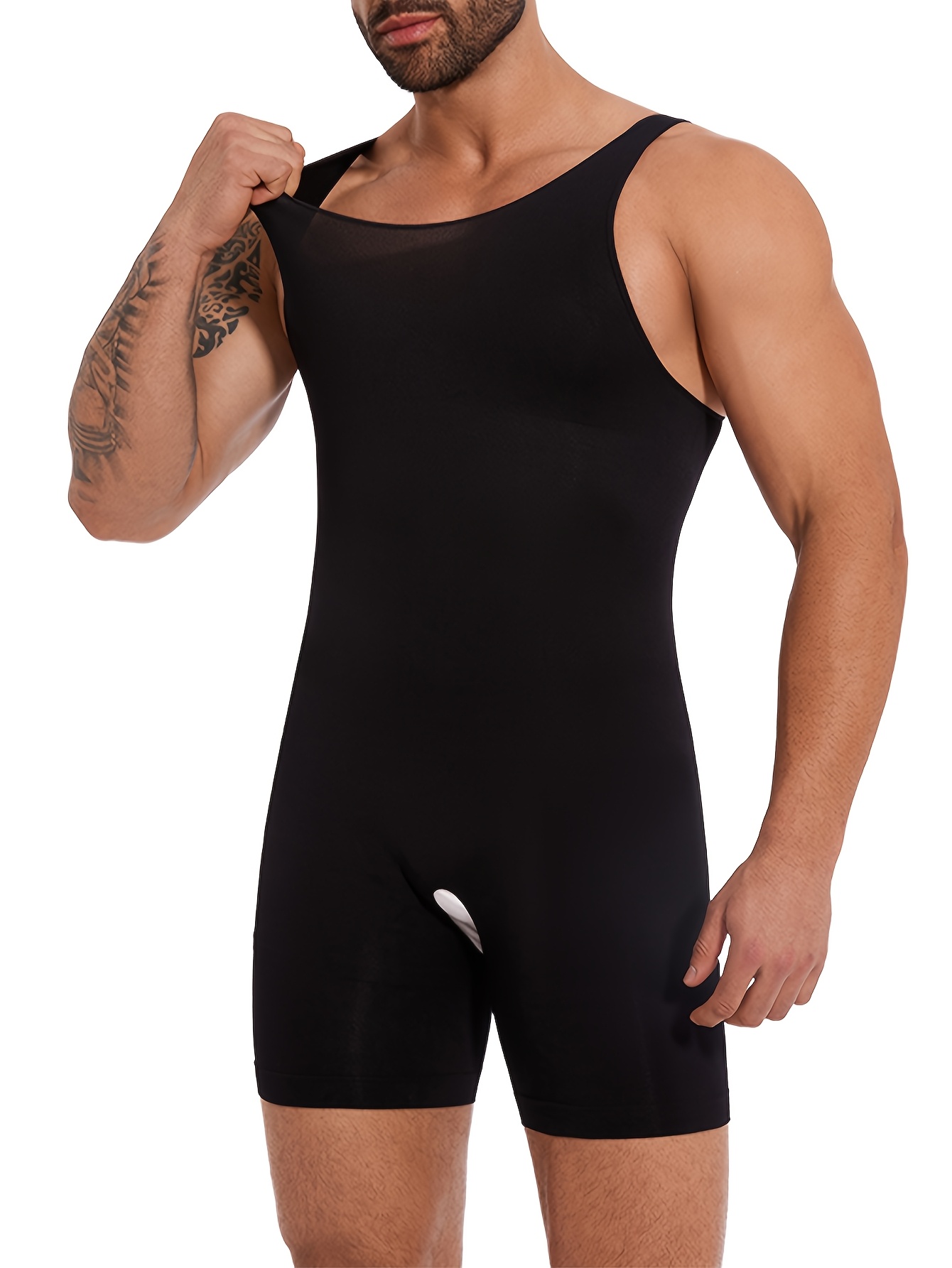 1pc mens high compression   bodysuit sleeveless stretchy nylon shapewear vest with abdominal support casual black hand washable