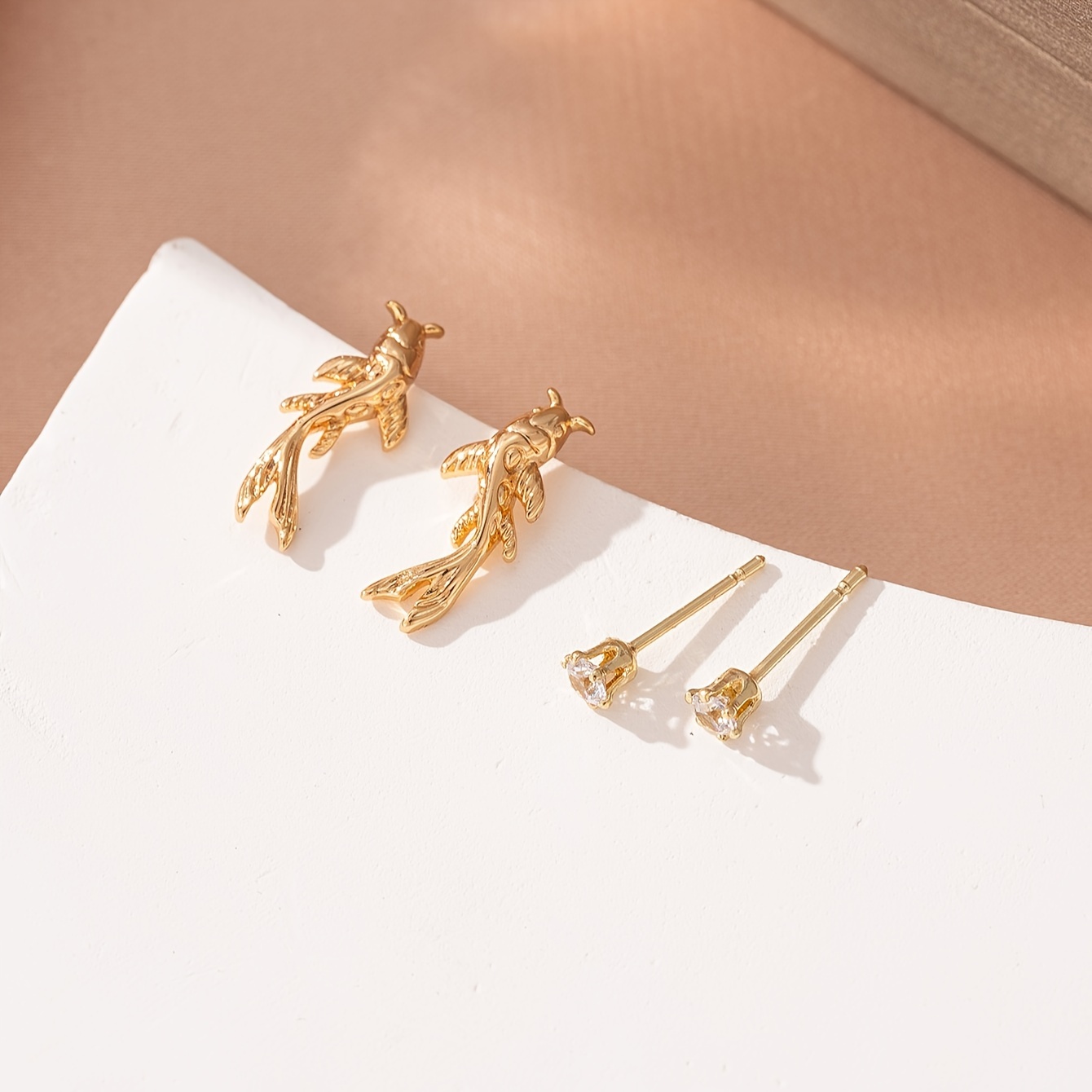 Stylish Mini Golden Fish Stud Earrings with Zirconia
