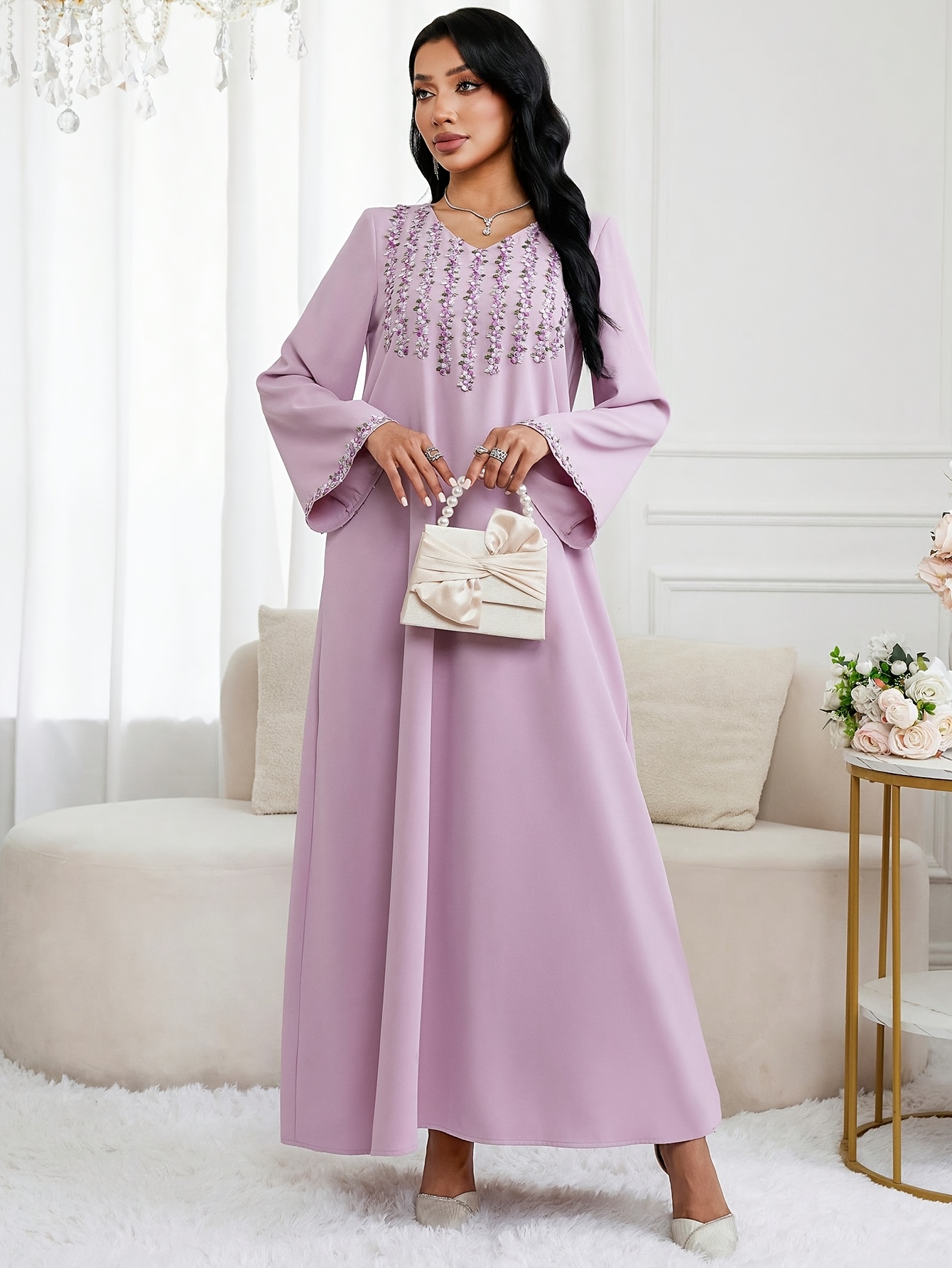 womens elegant arabic kaftan dress modest v neck long sleeve - Temu Bahrain