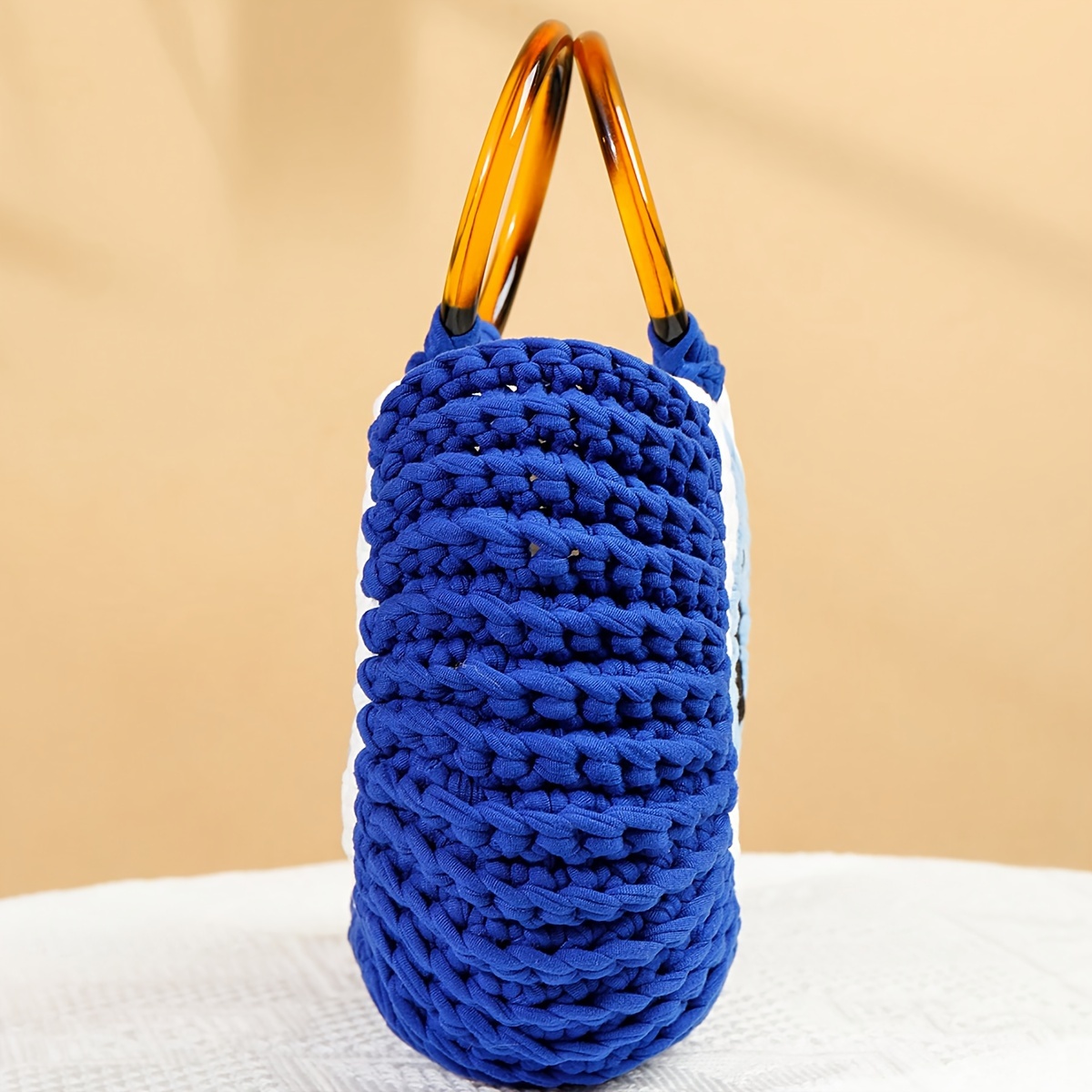 Large-Capacity Bohemian Tassel Weave Tote Bag - Lightweight Geometric Design with Royal Blue Fixed Strap, Durable Fabric for Beach, Casual Outings & Everyday Use