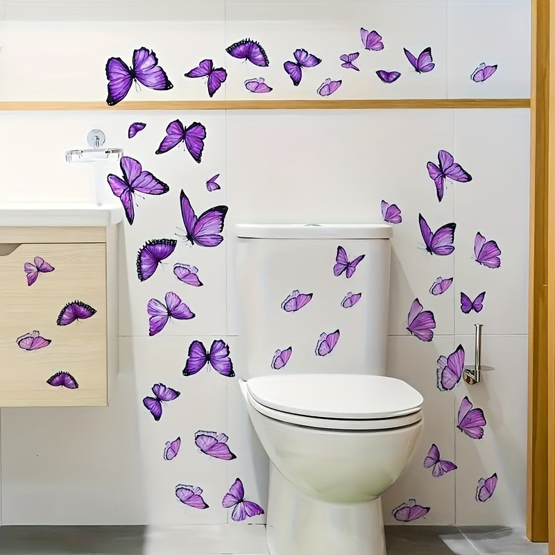 Image of 3pcs Purple Wall Stickers, Self-adhesive Decoration, Insect Theme Stickers, Suitable For Toilets, Bathrooms, Washstand Background Stickers