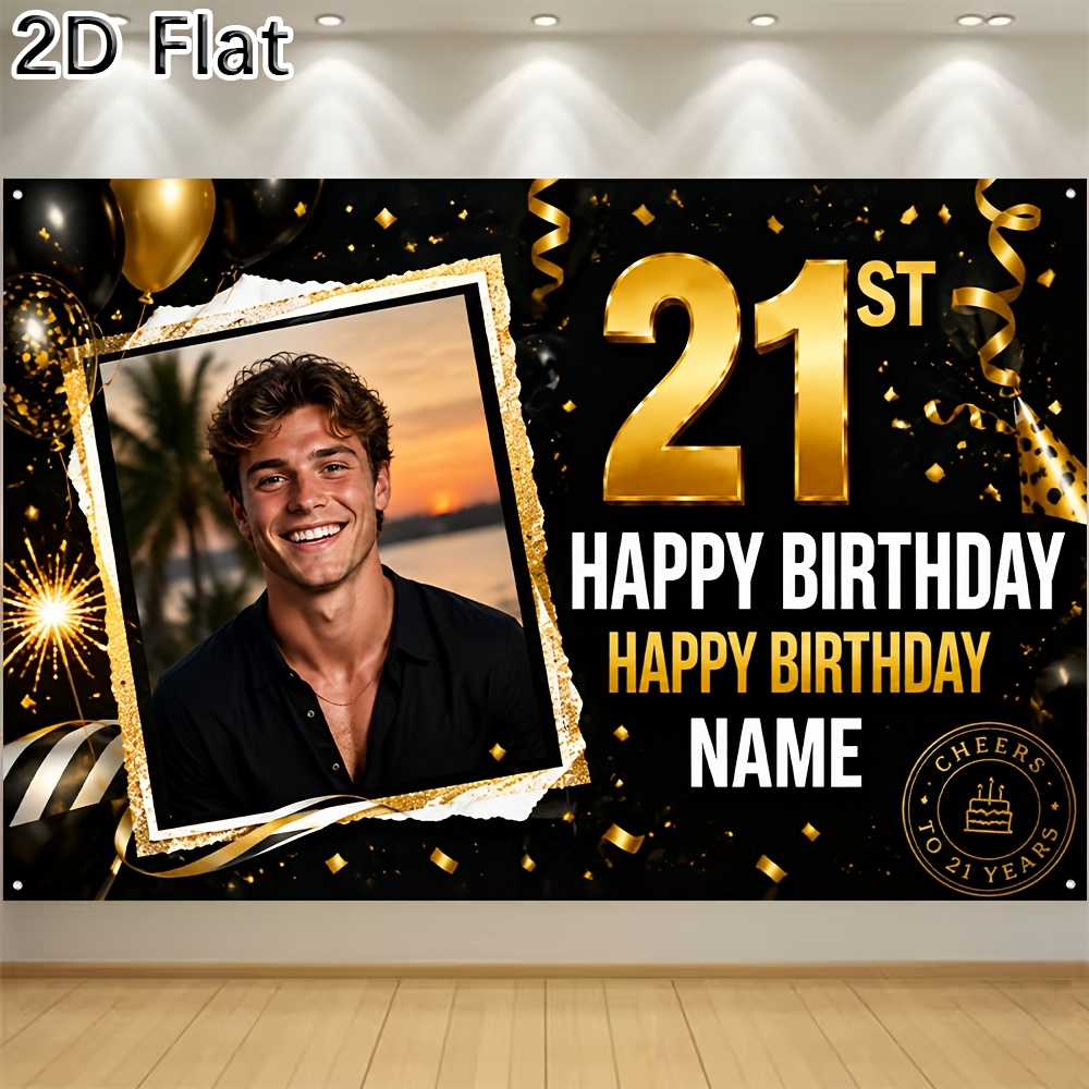 TEMU 2D Plat, 1 stuk [2D Plat] Aanpasbare 21e Verjaardagsbanner Gepersonaliseerd met Foto en Naam Gelukkige Verjaardag Decoraties voor Mannen Vrouwen