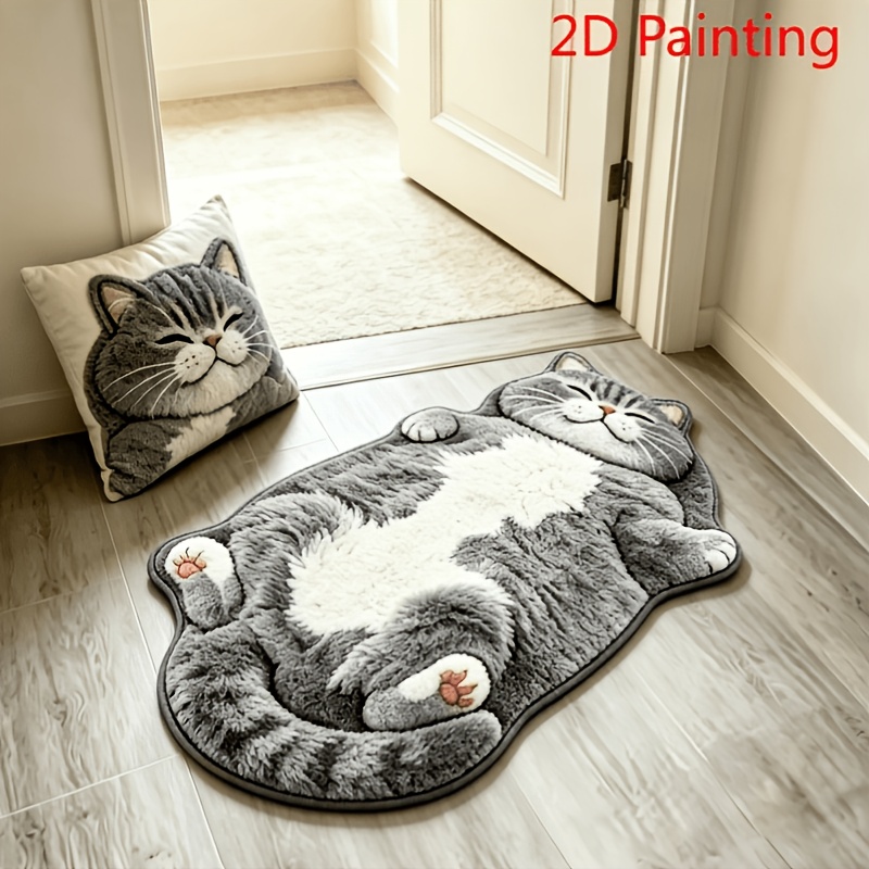 Imitations-  900G und 9mm [2D Flat] Dünne Plüsch 3D-Effekt, Kurzhaar, Simulation Niedlicher Haustier-Stil Liegender Grau-Weiß Britische Kurzhaar Katze Schlafzimmer Nachttisch Plüsch Unregelmäßiger Teppich   Lässiger Stil Grau-Weiß Farbschema Katze Liegender Wohnstil