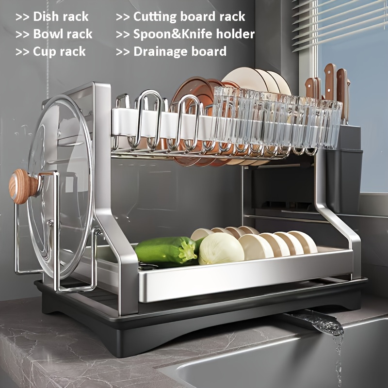 TEMU Real Stainless Steel Rust-resistant 2-layer Ss Dish Rack, Space-saving And Durable Kitchen Organizer And Storage, Automatic Drainage Drying Rack
