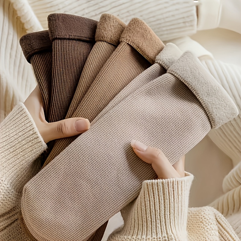 5 paires de chaussettes d hiver en peluche pour femmes - chaussettes douces, extensibles, chaudes pour  , & intérieur, beige,  , noir, blanc, chaussettes mignonnes Détails du produit 0