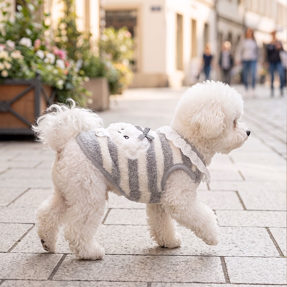 thick striped soft plush dog vest metal d shaped traction ring keeping warm indoors and outdoors in autumn and winter suitable for small and medium sized dogs such as marzis and bichons Product details 4