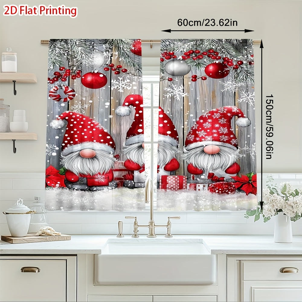 TEMU 2d Flat - 2d Flat - Set Of 2 Flat-printed Christmas Gnome Snow Decor Curtains With A Rod , Stylish And Long-lasting, Perfect For A Warm Ambiance