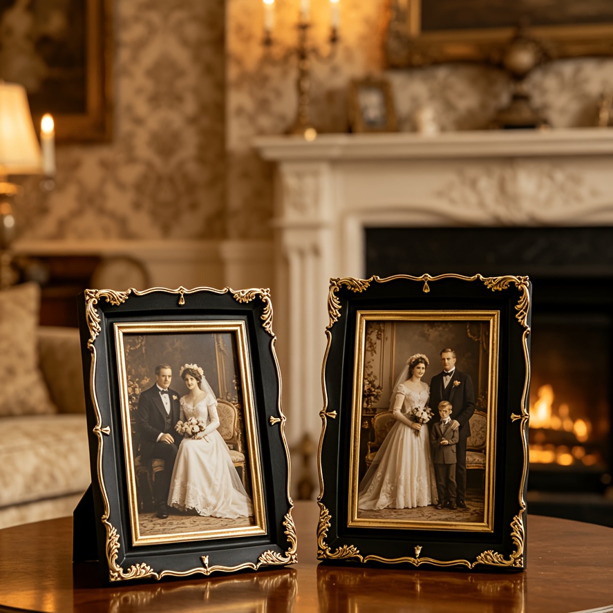 1pc Vintage-Style, Ornate Photo Frames in vintage Golden And Black for Home Décor, Showcasing Wedding Photos, Family Portraits, And Art Prints