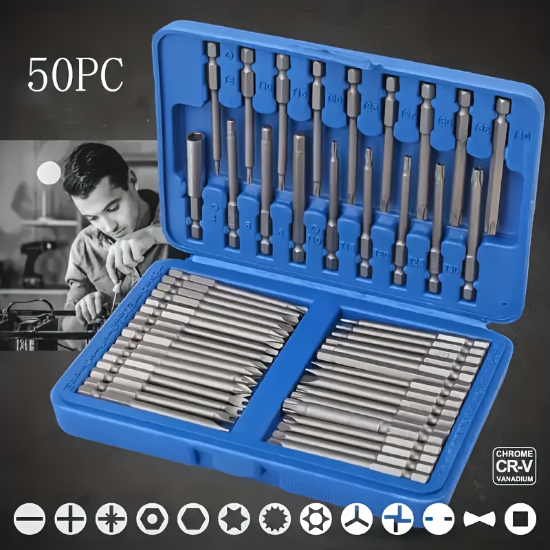 

50-piece Magnetic Screwdriver Bit Set, Extra-long 75mm, High- Hex Head, Rust-resistant Steel Construction, Multi-bit Pack Work