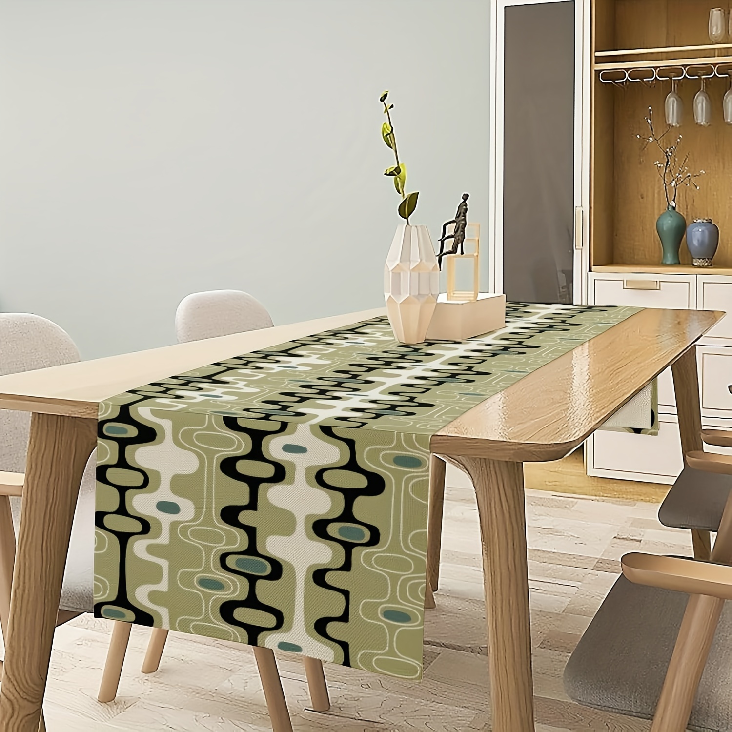 

1pc Mid-century Modern Geometric Stripe Pattern Table Runner - 100% Polyester Woven Fabric, Rectangular Farmhouse Kitchen Wedding Party Decor, Vintage Green 13x72 Inch For Dining Table Decoration