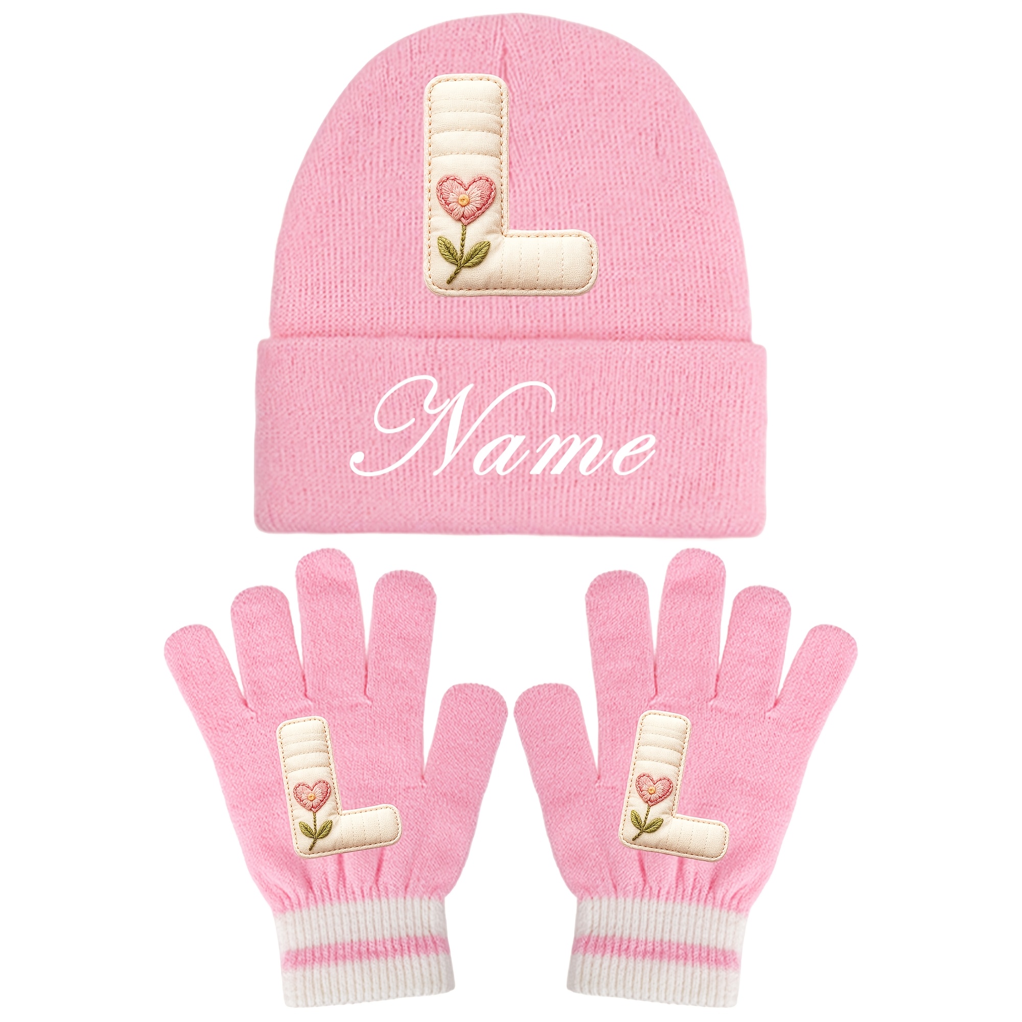 TEMU [Nom personnalisé] Ensemble 2 pièces Chapeau et Gants d'hiver, -Z avec Initiale personnalisée, Bord réglable, Chapeau et Gants chauds