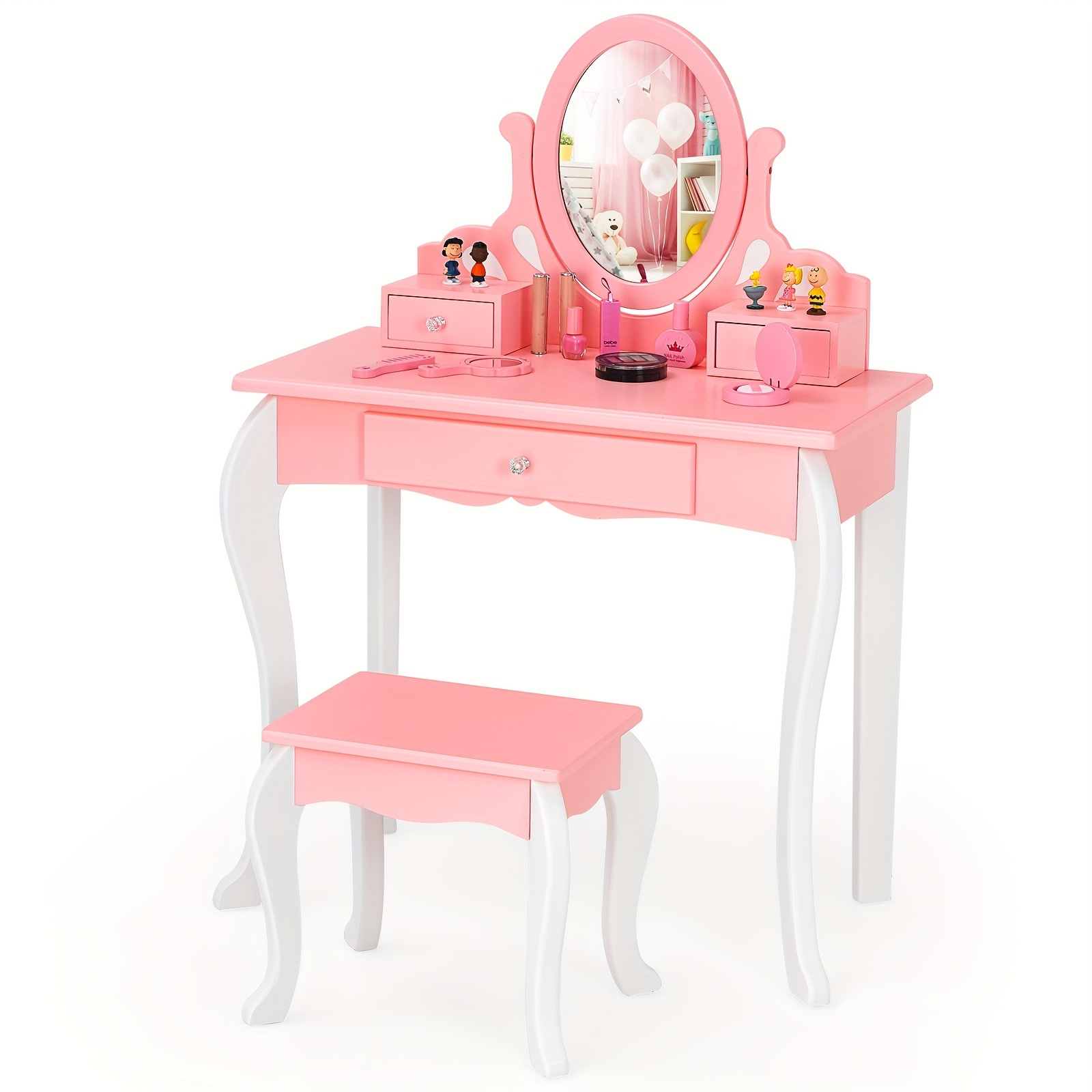 

1 Set Kids Princess Vanity Set, Wooden Makeup Dressing Table With Mirror And Stool, Pink, With Drawer, 27.5x13x39 Inches, Child-size Furniture For Bedroom Playroom