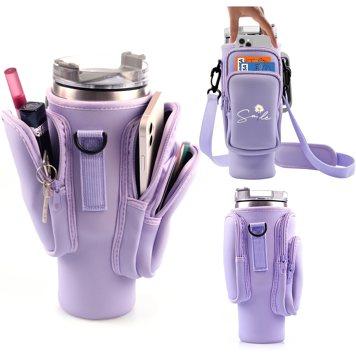 TEMU Single Shoulder Bag With Patterned Phone Pouch, Crossbody Bag Water Bottle Carrier, Suitable For 40/30oz , 3pcs Pockets For Cup Additions,