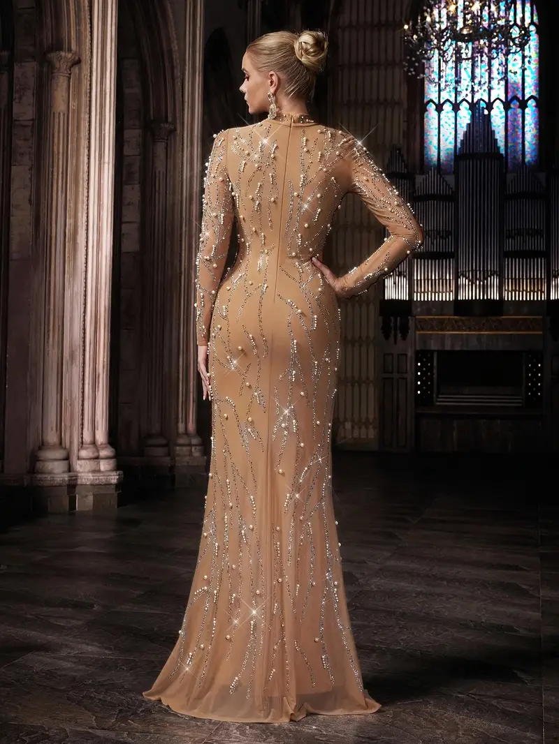 QOQ Women's Elegant * Backless Mermaid Gown Dress - Heavy Beaded Embellishments, Long Sleeve Fitted Silhouette with Padded Bust, Super Long Train for Dinner Parties, Banquets & * Events QOQ Women's Elegant * Backless Mermaid Gown Dress - Heavy Beaded Embellishments, Long Sleeve Fitted Silhouette with Padded Bust, Super Long Train for Dinner Parties, Banquets & * Events