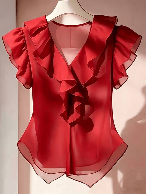 camicia francese a maniche corte con volant e abbottonatura, top in chiffon da donna