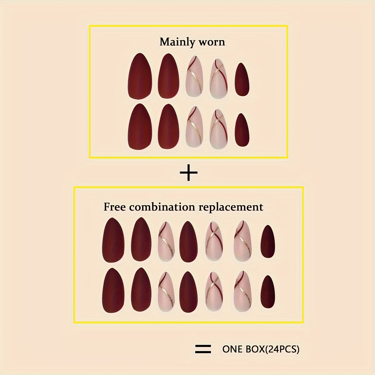 add   with   24 long   shaped wine red matte false nails featuring golden lines complete with jelly   and a nail file set suitable for women and for parties dances and   everyday occasions Product details 2