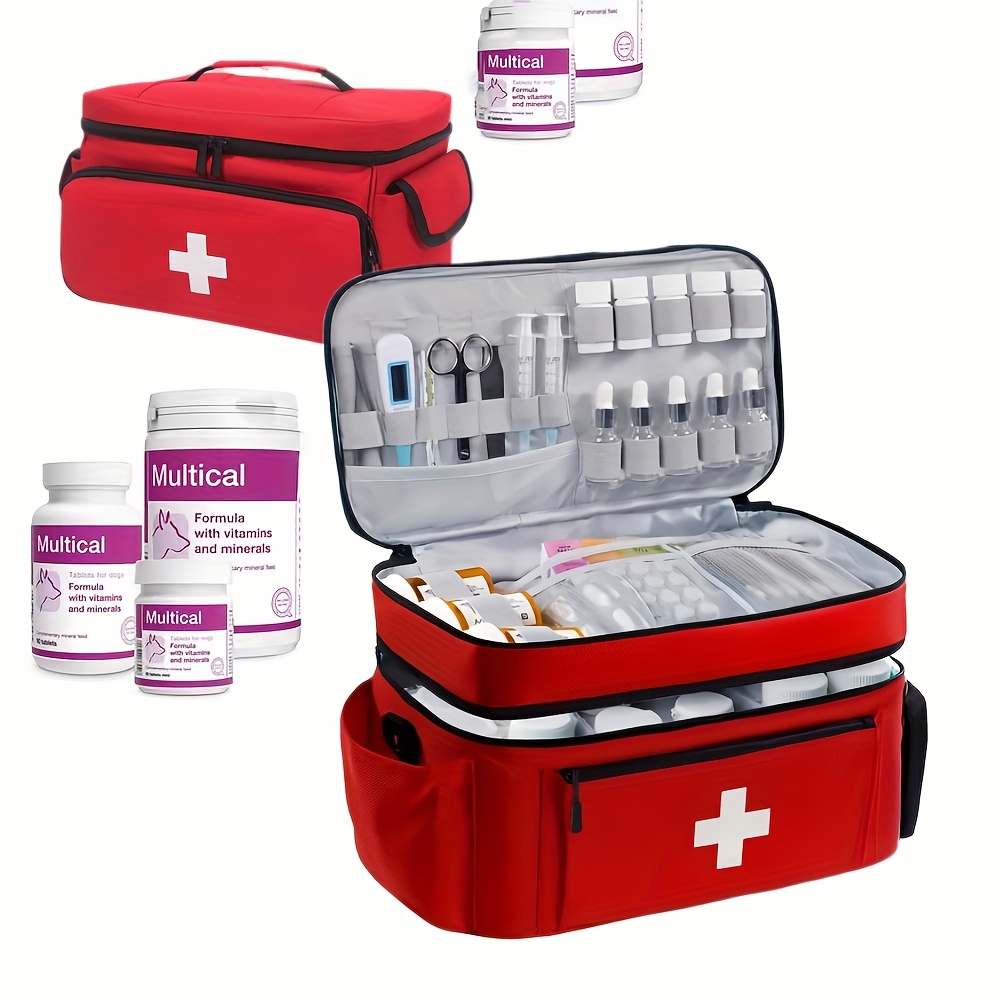 TEMU 1pc Red Medicine Storage Bag Layered Design, Independent Medicine Storage Compartments, 18+ Storage Compartments, Medicine Storage Bag, Medicine