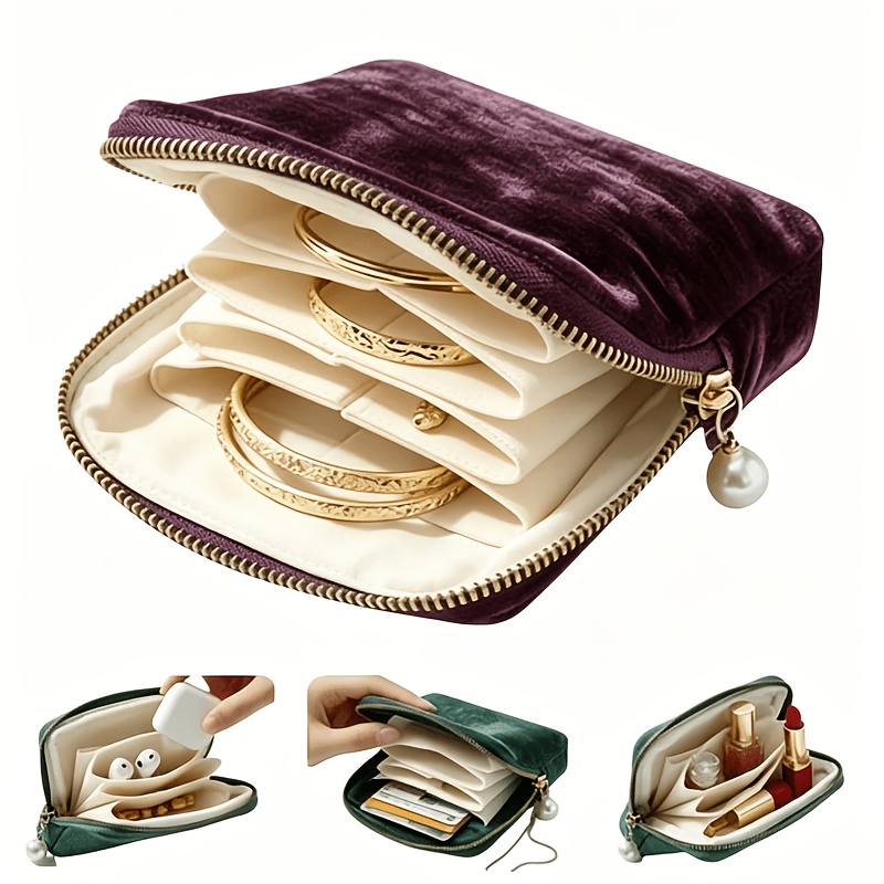 TEMU 1pc Velvet Travel Jewelry Pouch, Portable With Zippered Pocket, Dustproof Storage Bag, Suitable For Storing Earrings, Necklaces, Rings, And