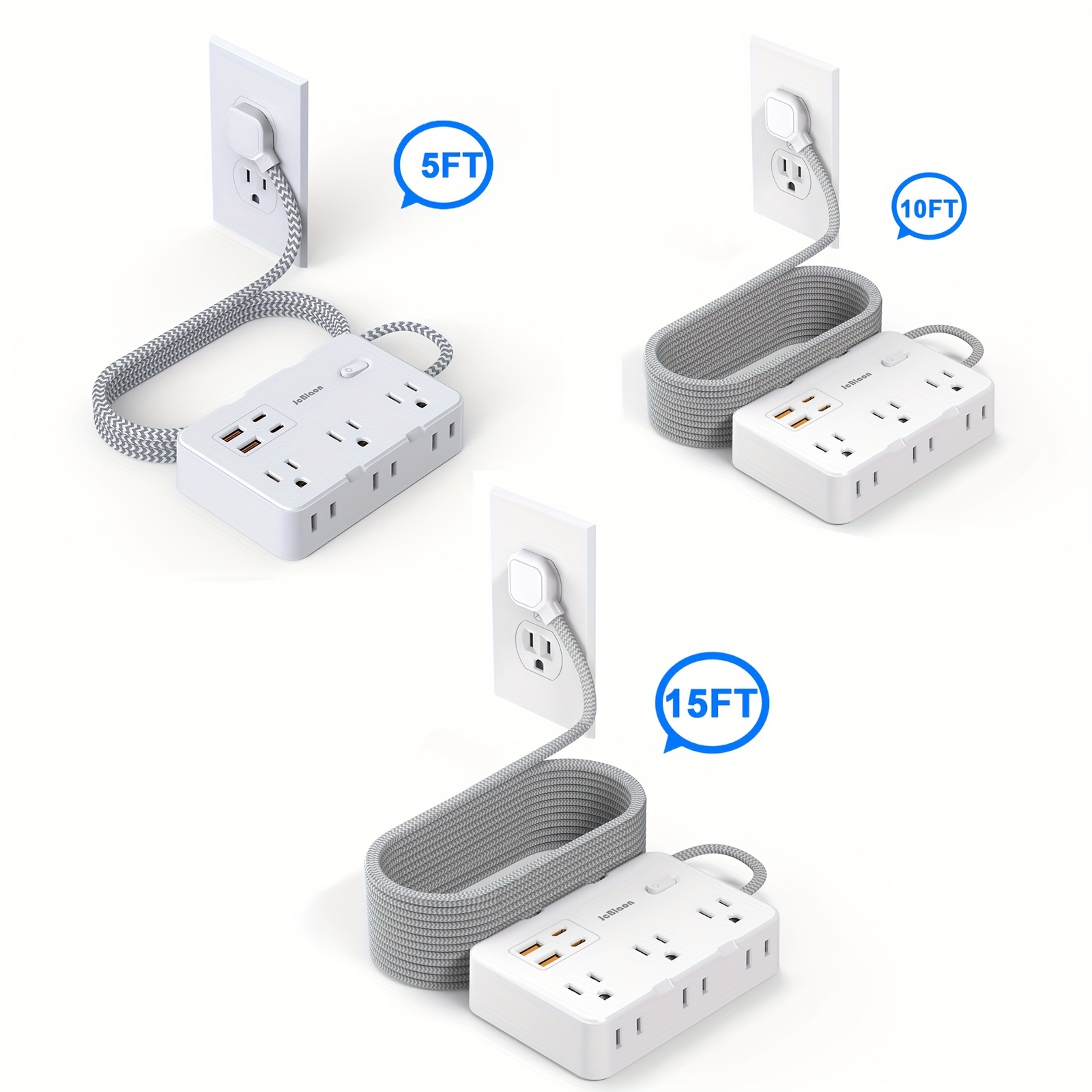 

4-in-1 Protector Power Strip - Flat Plug, 6 Ac Outlets, 4 Usb Ports Including 2 Usb-c, 5/10/15 Ft Braided Extension Cord, Wall Mountable, Ideal For Home, Office, And Travel Use