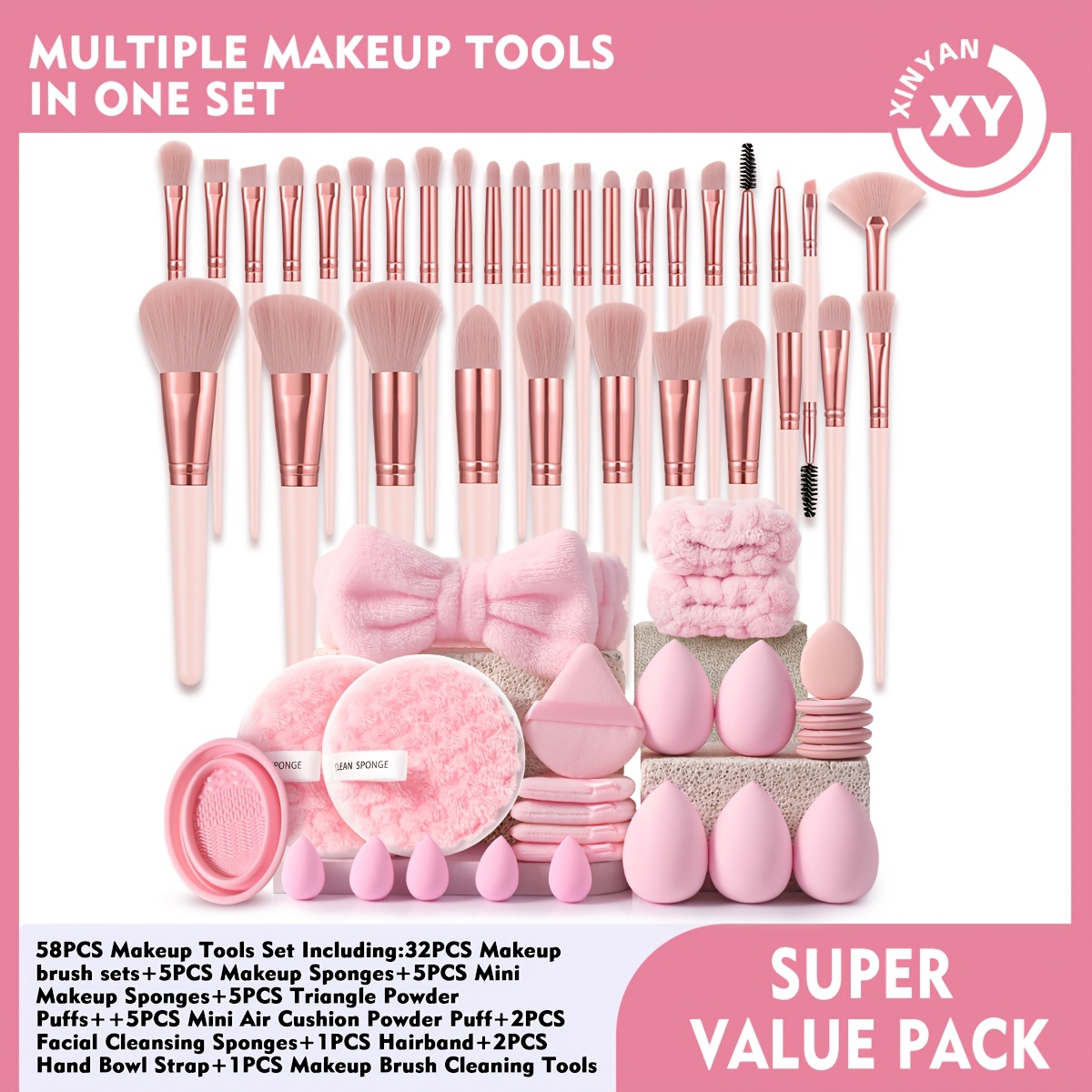 TEMU 48/58/61pcs -one Makeup Starter Kit, Makeup Brushes+headband+beauty Sponges+powders+eyelash Curler+travel Wash Bag Complete Cosmetic Tool Set,,
