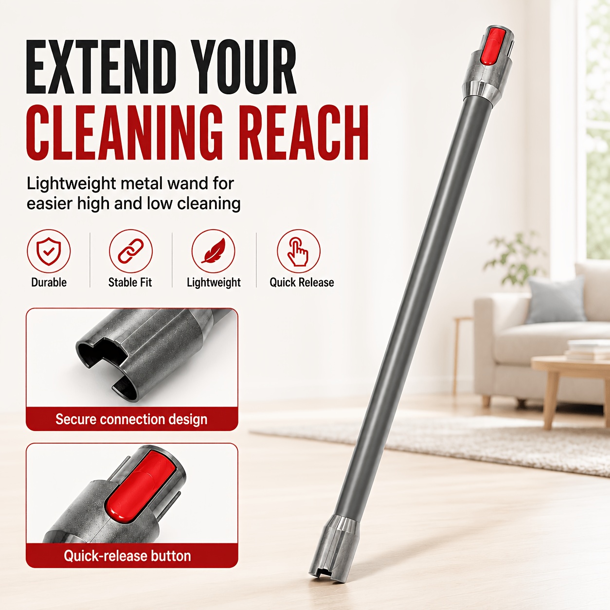 TEMU Vacuum Extension Wand Replacement Compatible With V7 V8 V10 V12 V15 Vacuum Cleaner, Aluminum Tube Release Button, Lightweight Cleaning Accessory